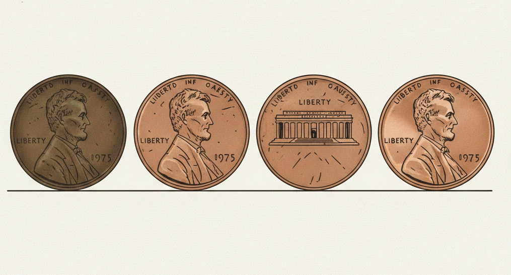 multiple 1975 pennies in different conditions from worn to mint state