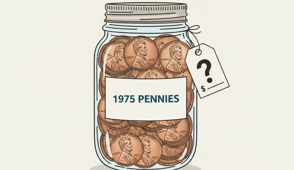 jar labeled “1975 pennies” with question mark value tag