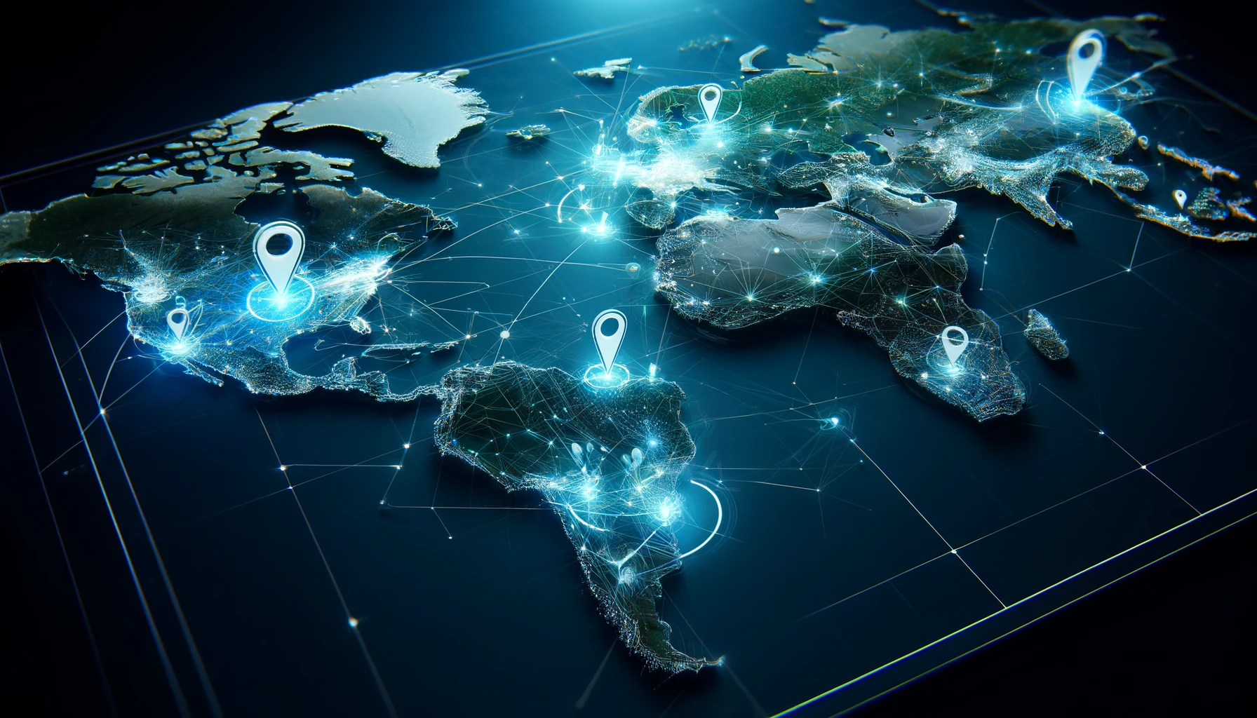 A digital world map displaying real-time data and tracing lines representing the flow of information across different countries, highlighting the global use of location tracking apps.