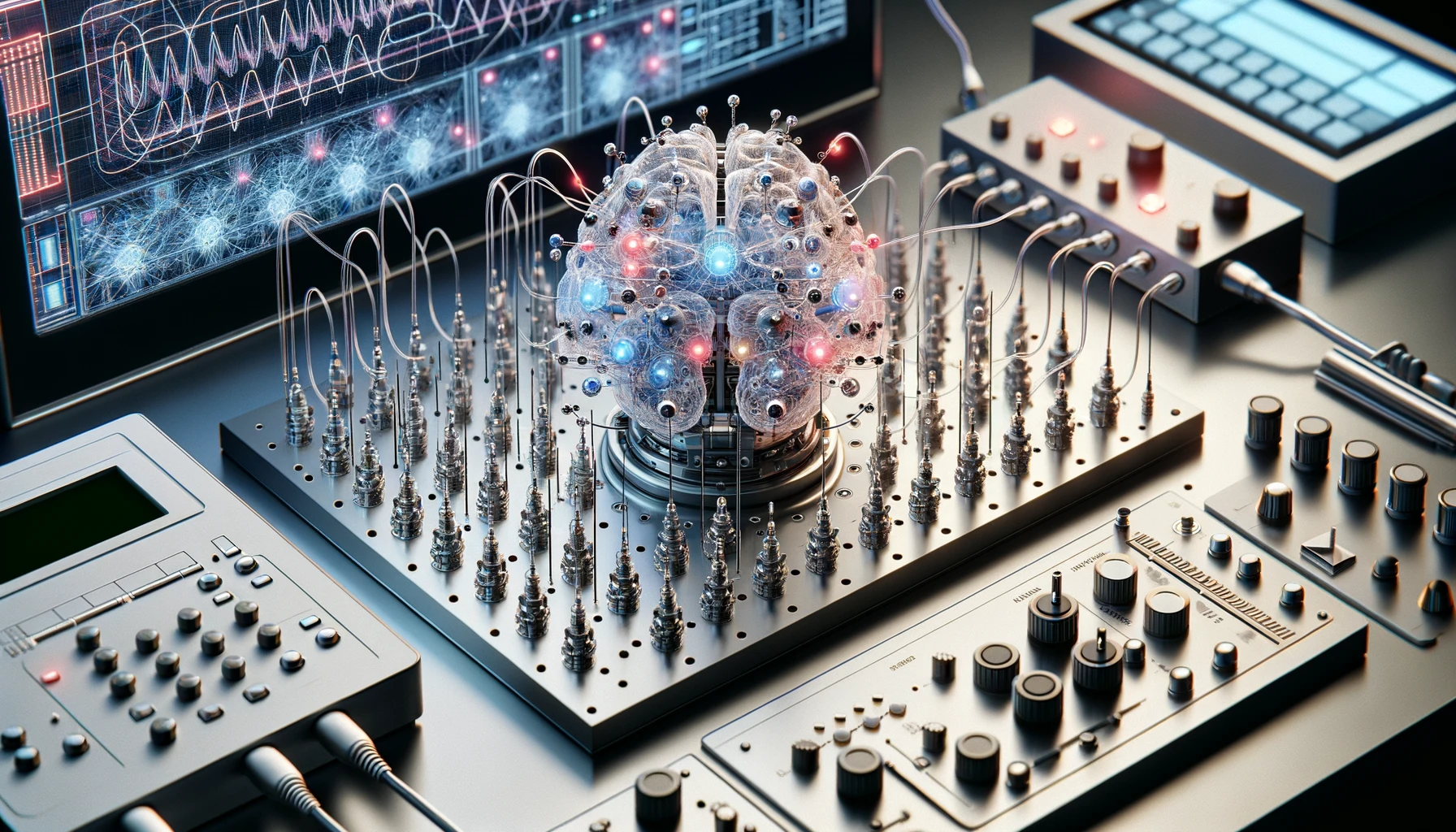 An intricate brain-machine interface setup displaying a network of microelectrodes and sensors connected to a sophisticated computer system, used for decoding brain signals. 