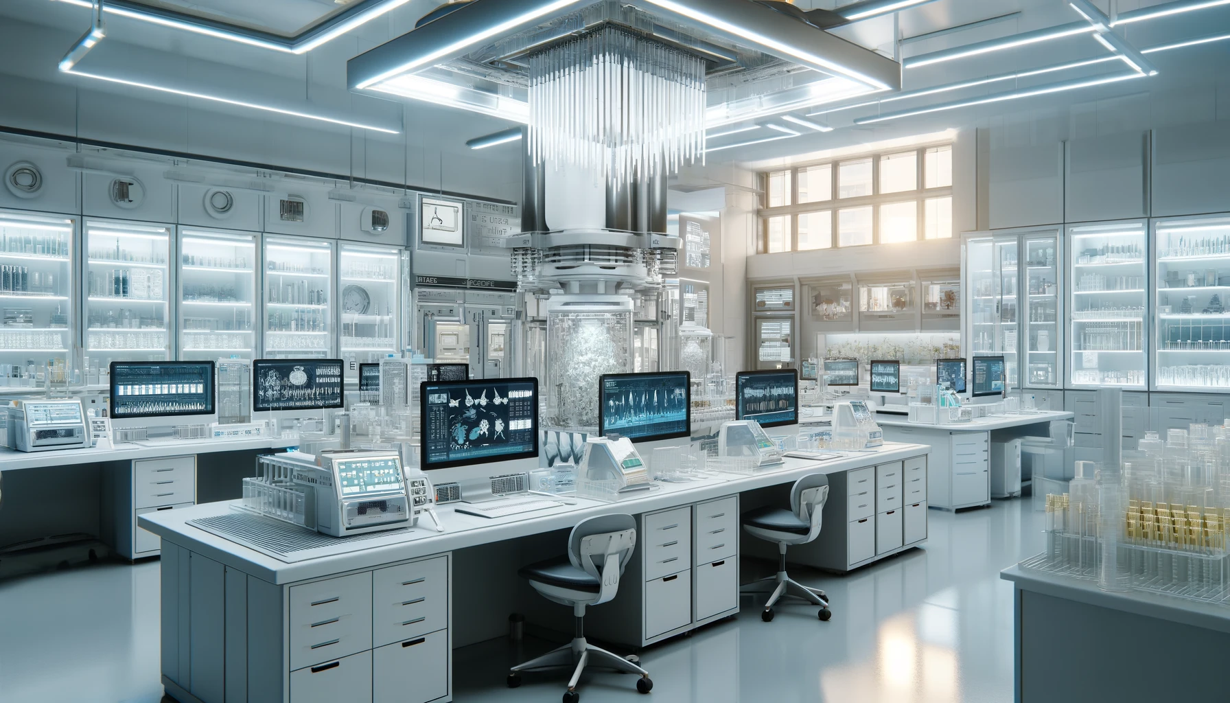 a modern genetics laboratory, showing a detailed setup with advanced gene-editing technology equipment including CRISPR-Cas9 systems.