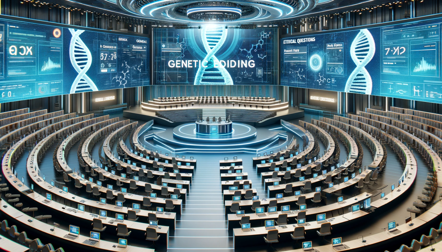 a futuristic foreign public forum on genetic editing, showcasing a large, high-tech auditorium with digital screens displaying genetic sequences and ethical questions.