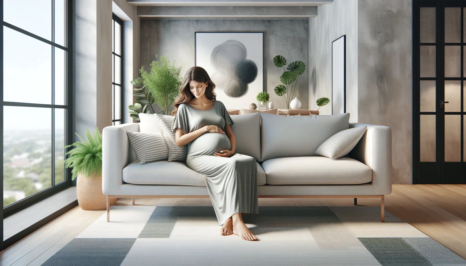 a pregnant woman sitting on a modern sofa in a stylish living room. The room is decorated with contemporary art and plants. The woman is wearing a comfortable maternity dress.