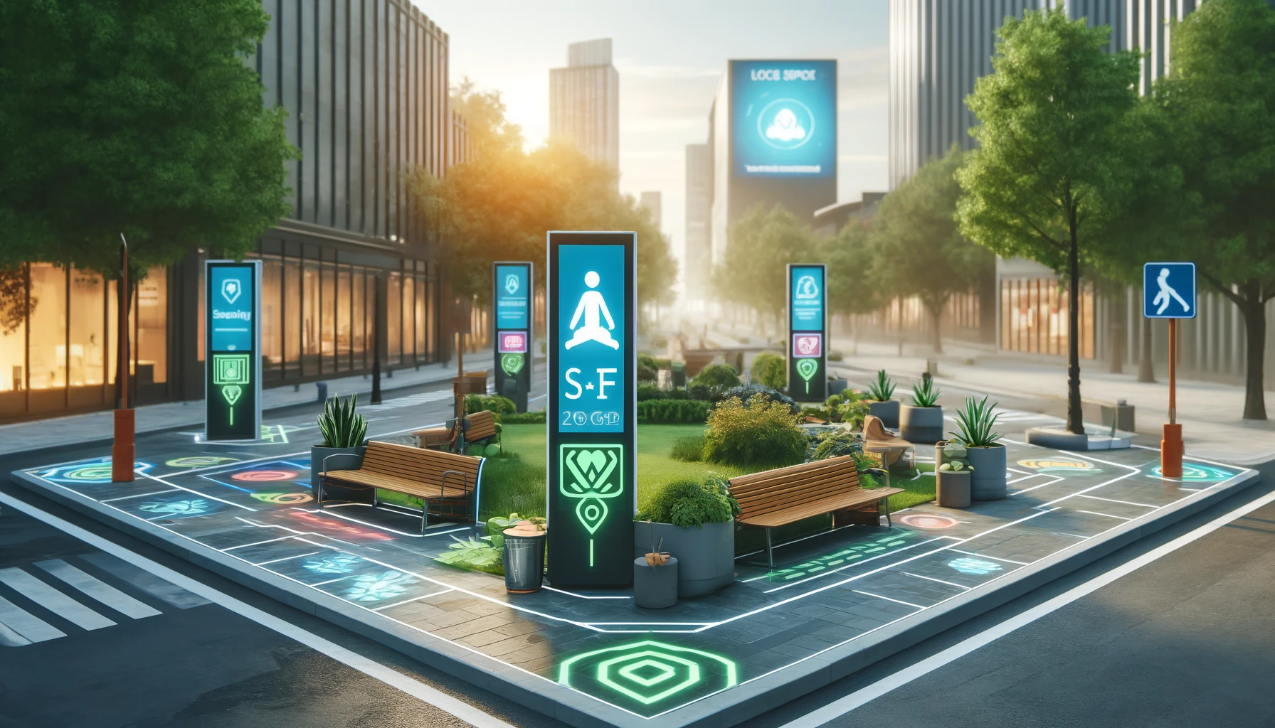 A modern urban environment with marked safe zones.