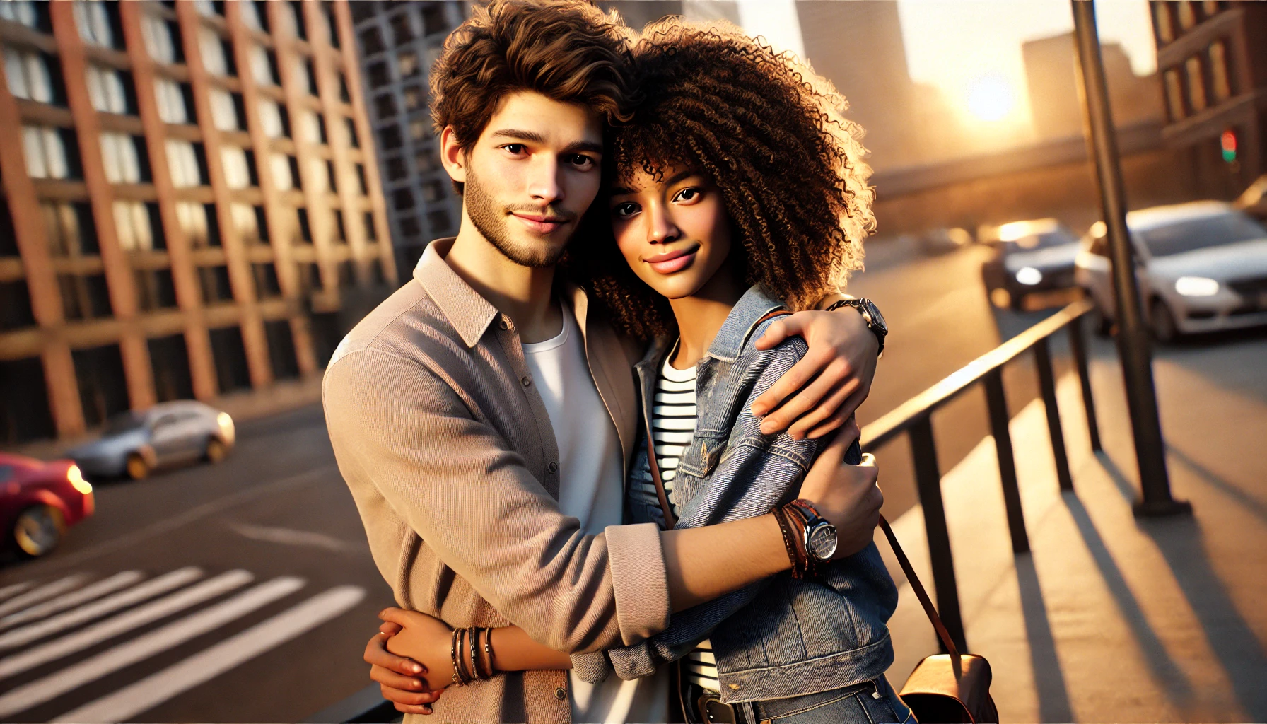 a couple hugging in an urban setting with buildings and a sunset in the background. One person is a young African American woman with natural curly hair, wearing a stylish jacket and jeans. The other person is a young Caucasian man with short brown hair, wearing a casual shirt.
