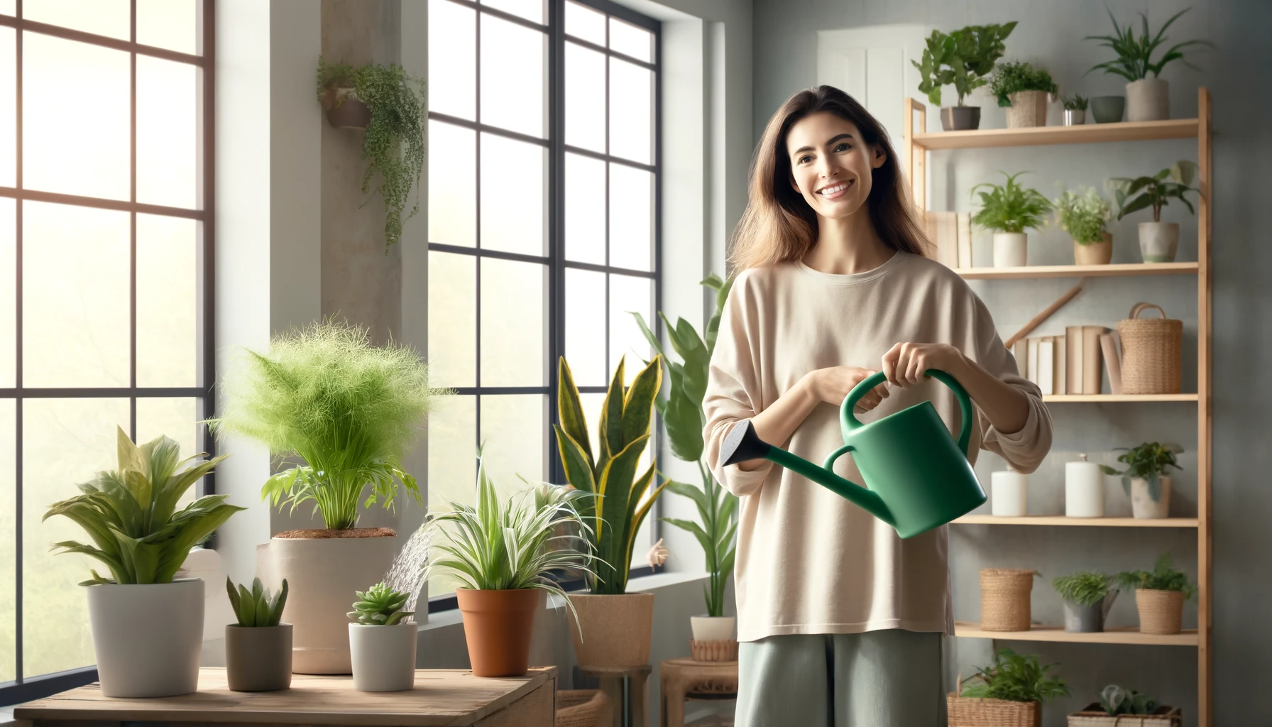 A smiling woman watering house plants in a well-lit, cozy living room. The room has a modern decor with wooden furniture and large windows letting in natural light.