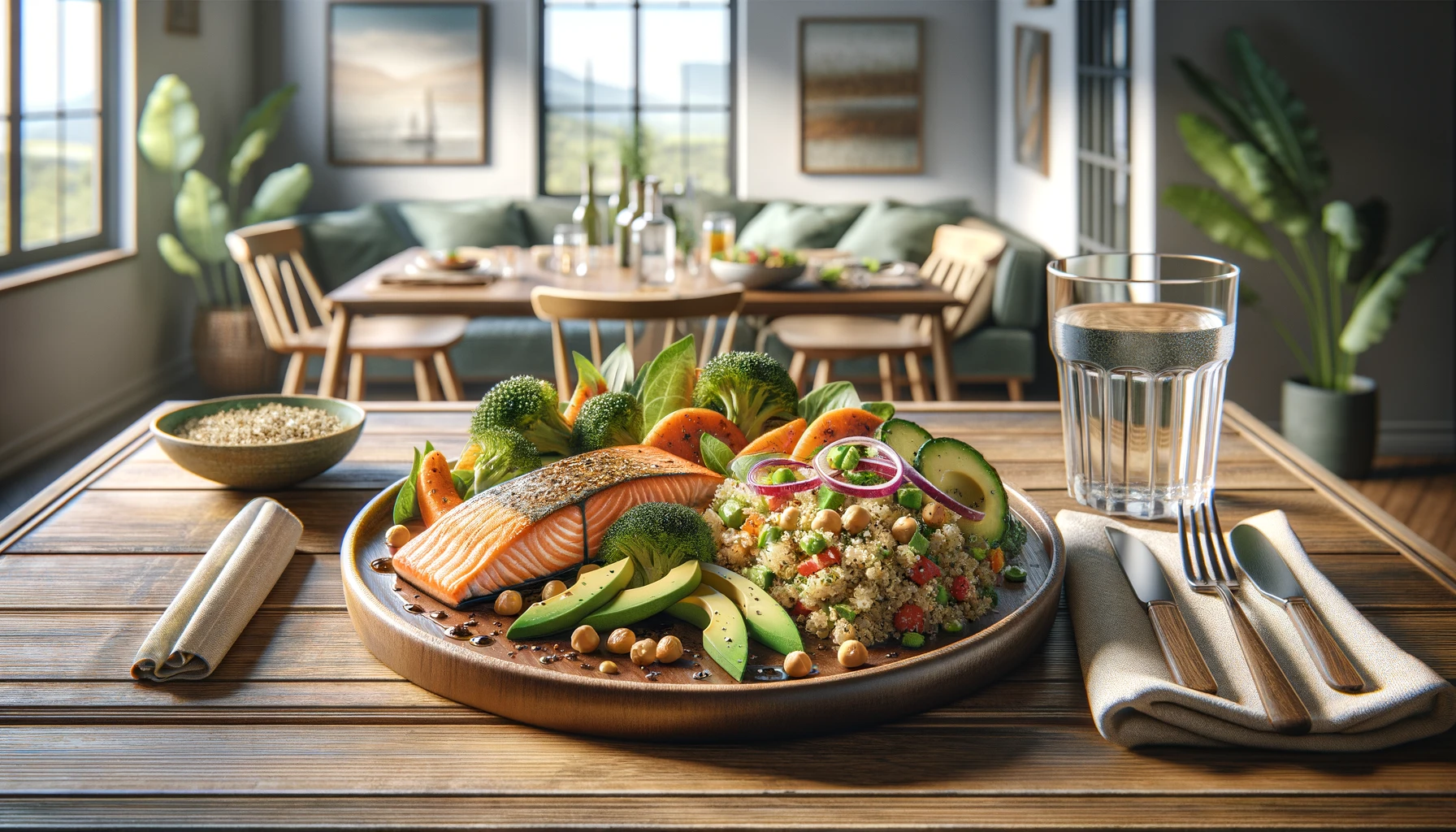 a nutritious dinner spread featuring baked salmon with roasted vegetables, a quinoa salad with chickpeas and avocado, and a glass of water.