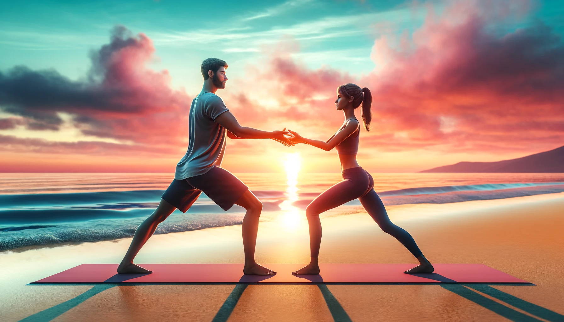 a man and a woman doing yoga on a beach at sunset. They are in a standing partner pose, double tree pose, facing each other with hands touching for support.
