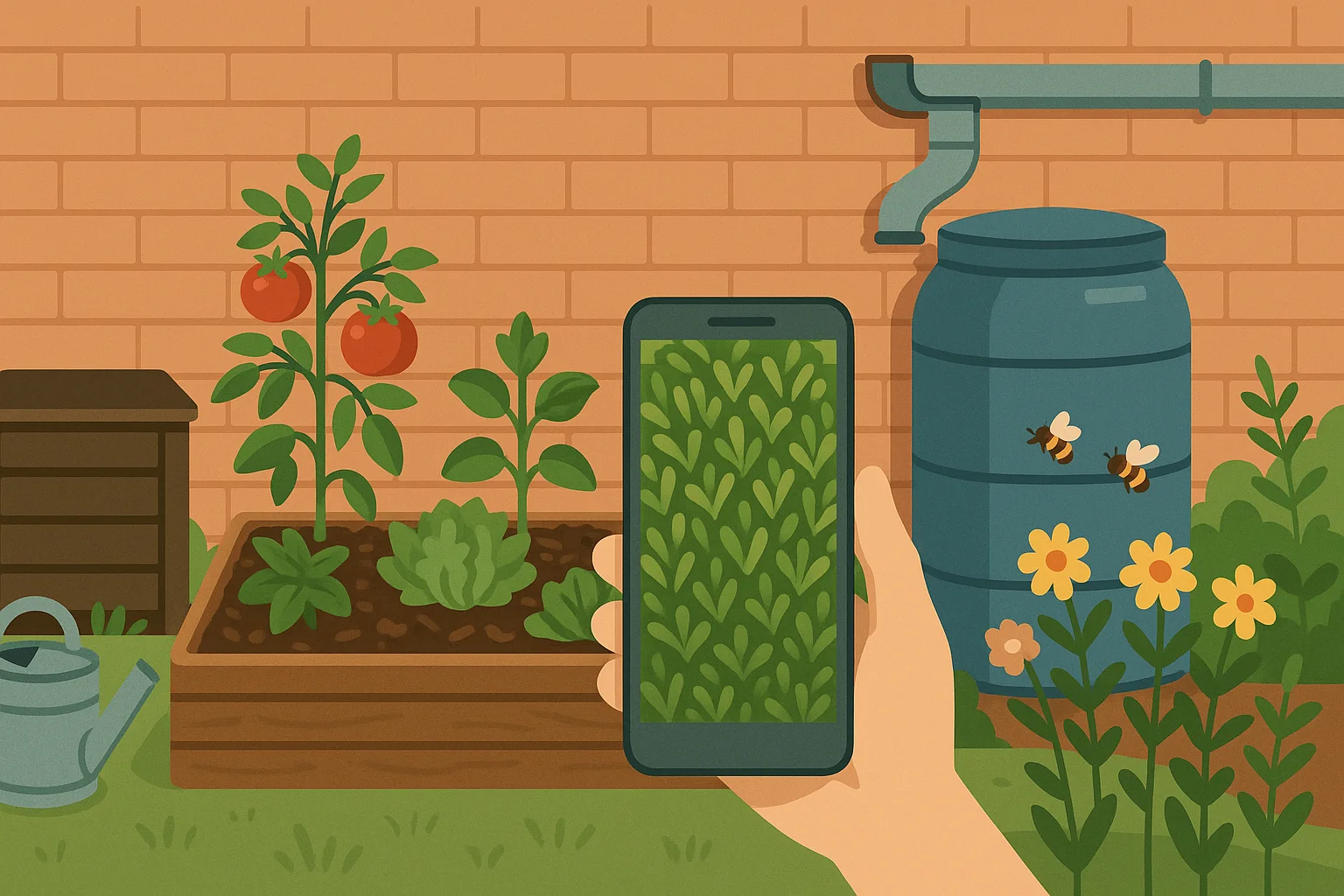 A backyard with a water barrel and growing crops.
