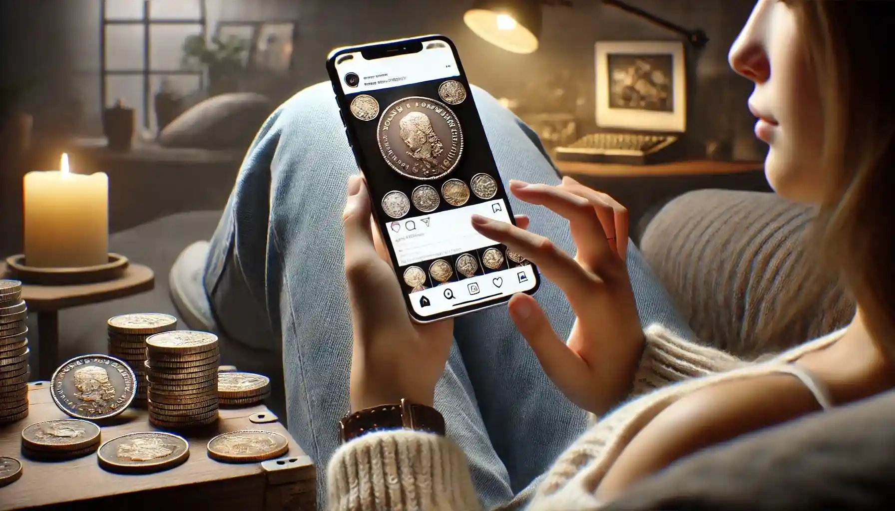 A young woman sitting comfortably with a smartphone in her hands, browsing Instagram accounts about coins.