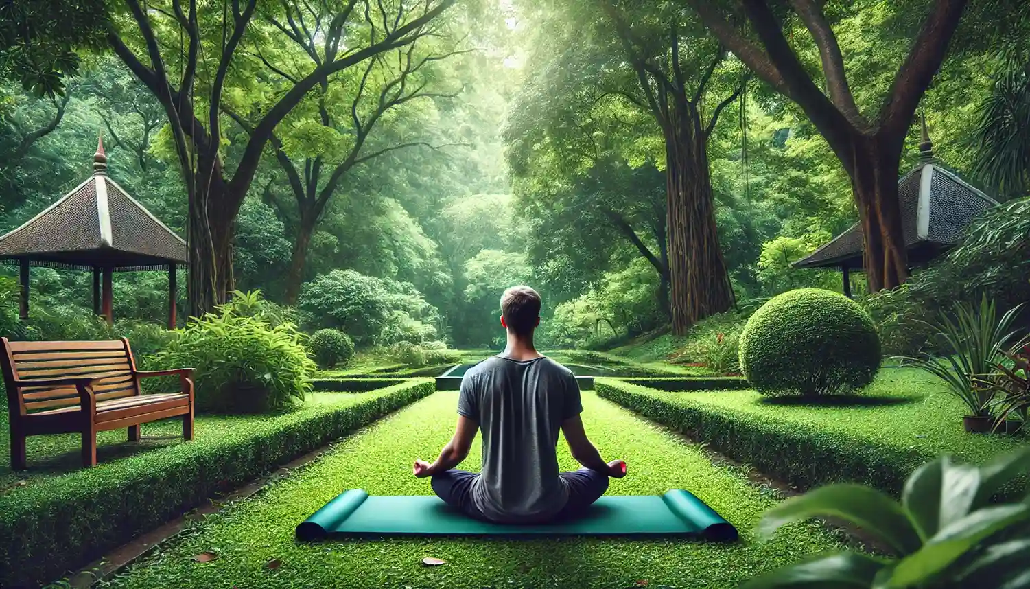 a person practicing mindful breathing in a tranquil park setting. This scene beautifully illustrates the calming effect of mindfulness and stress reduction in a natural environment.