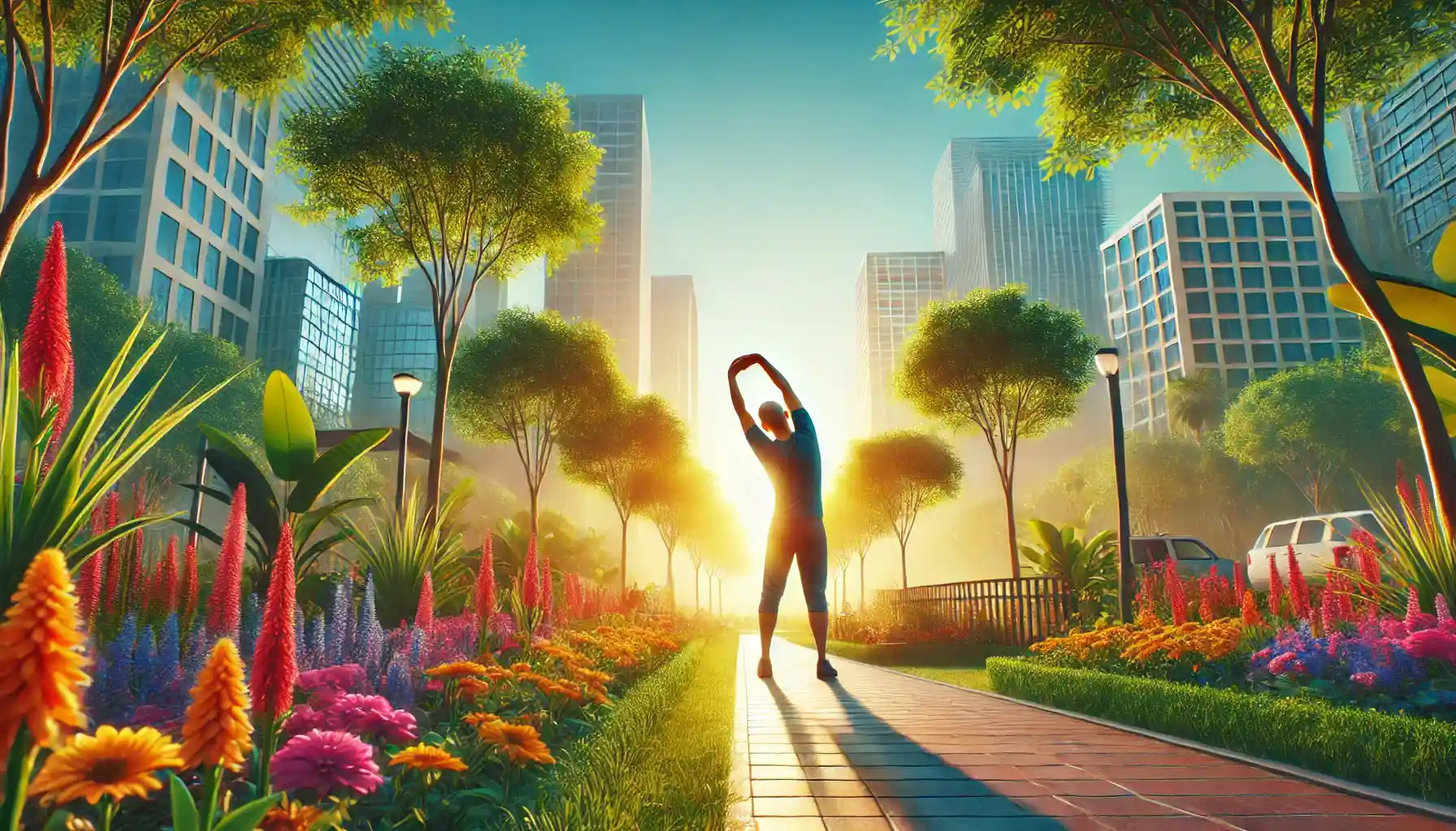 a person engaging in a stretching routine early in the morning at a vibrant city park.