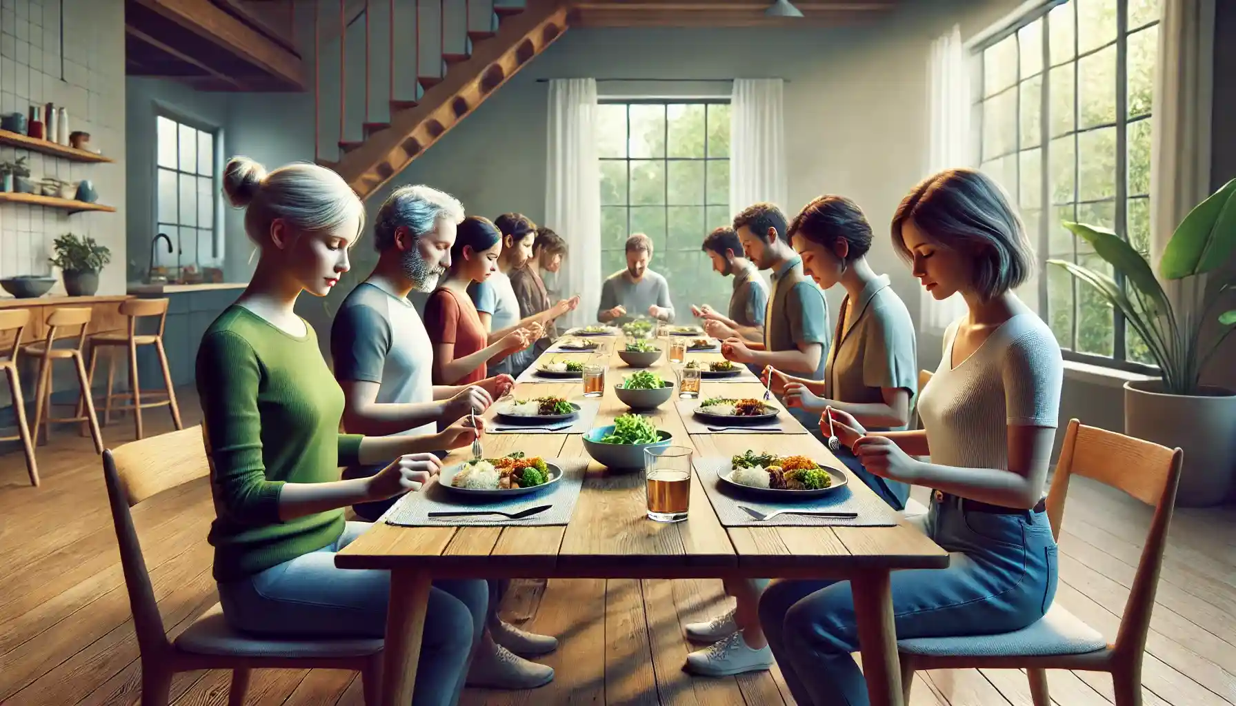 a diverse group of people practicing mindful eating at a dining table in a cozy, well-lit room, illustrating the concept of mindful eating with individuals of different ages and backgrounds