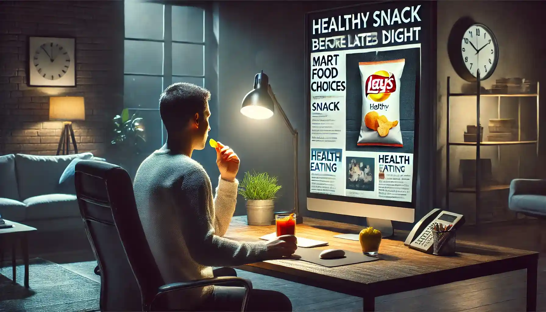 a person sitting at a home office desk late at night, contemplating a healthy snack choice.