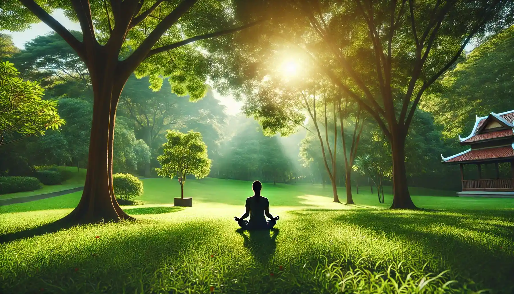 a serene outdoor scene with a person meditating in a lush green park, embodying the health benefits of being in nature and mindfulness.