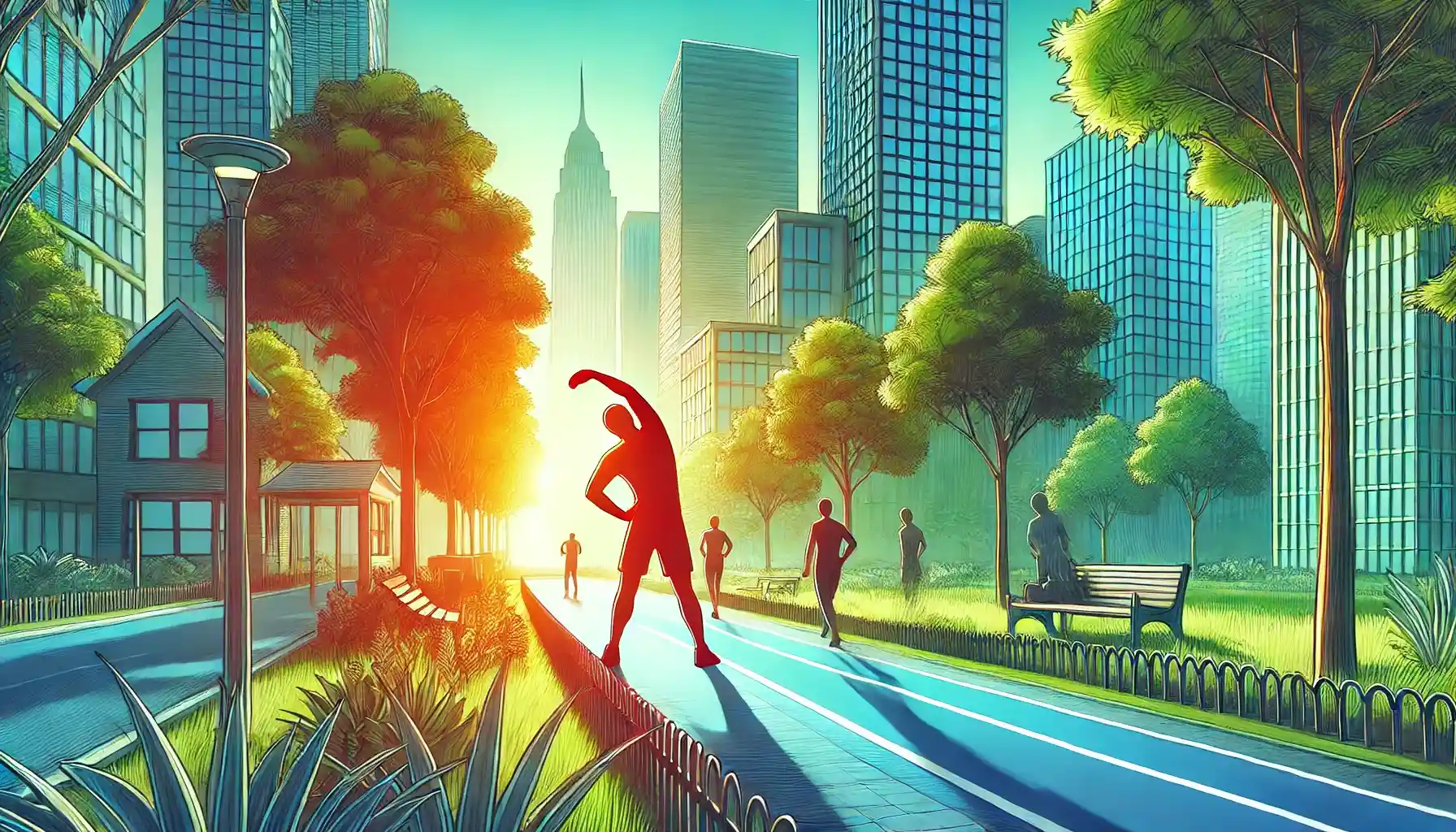 a vibrant urban park scene where a person is engaging in stretching exercises early in the morning