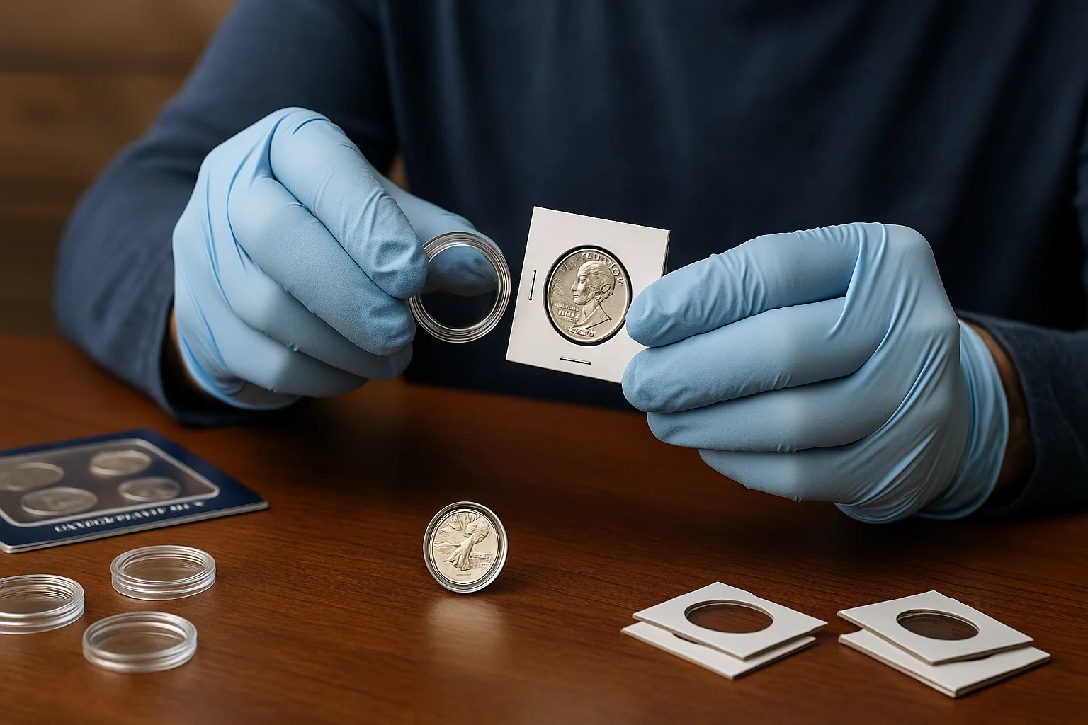 A careful coin collector transfers a quarter from its capsule into a 2x2 coin holder, surrounded by Mint Set packaging and protective accessories.