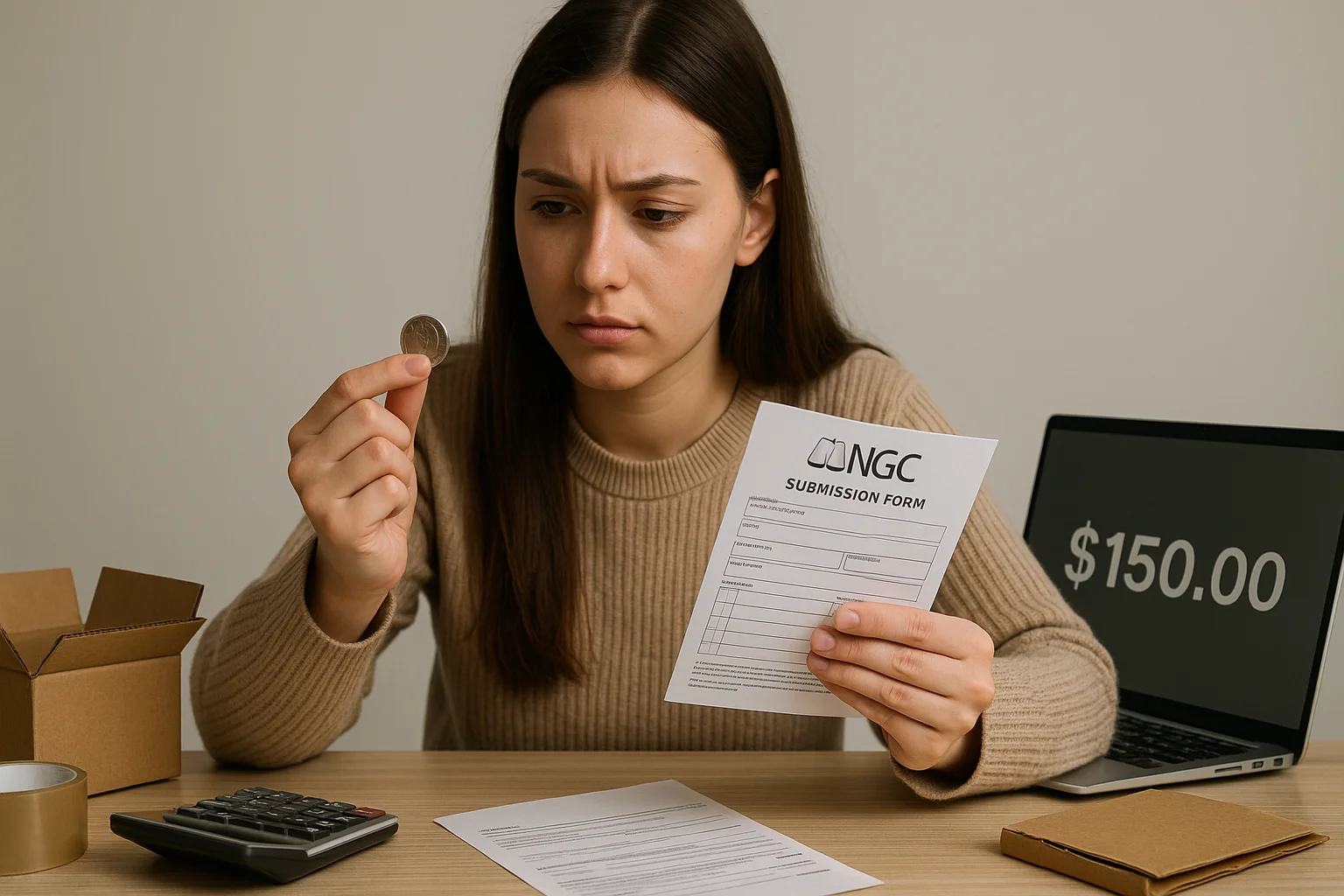 A young numismatist examines her quarter thoughtfully while holding an NGC submission form, with a laptop, calculator, and shipping box laid out on the table.