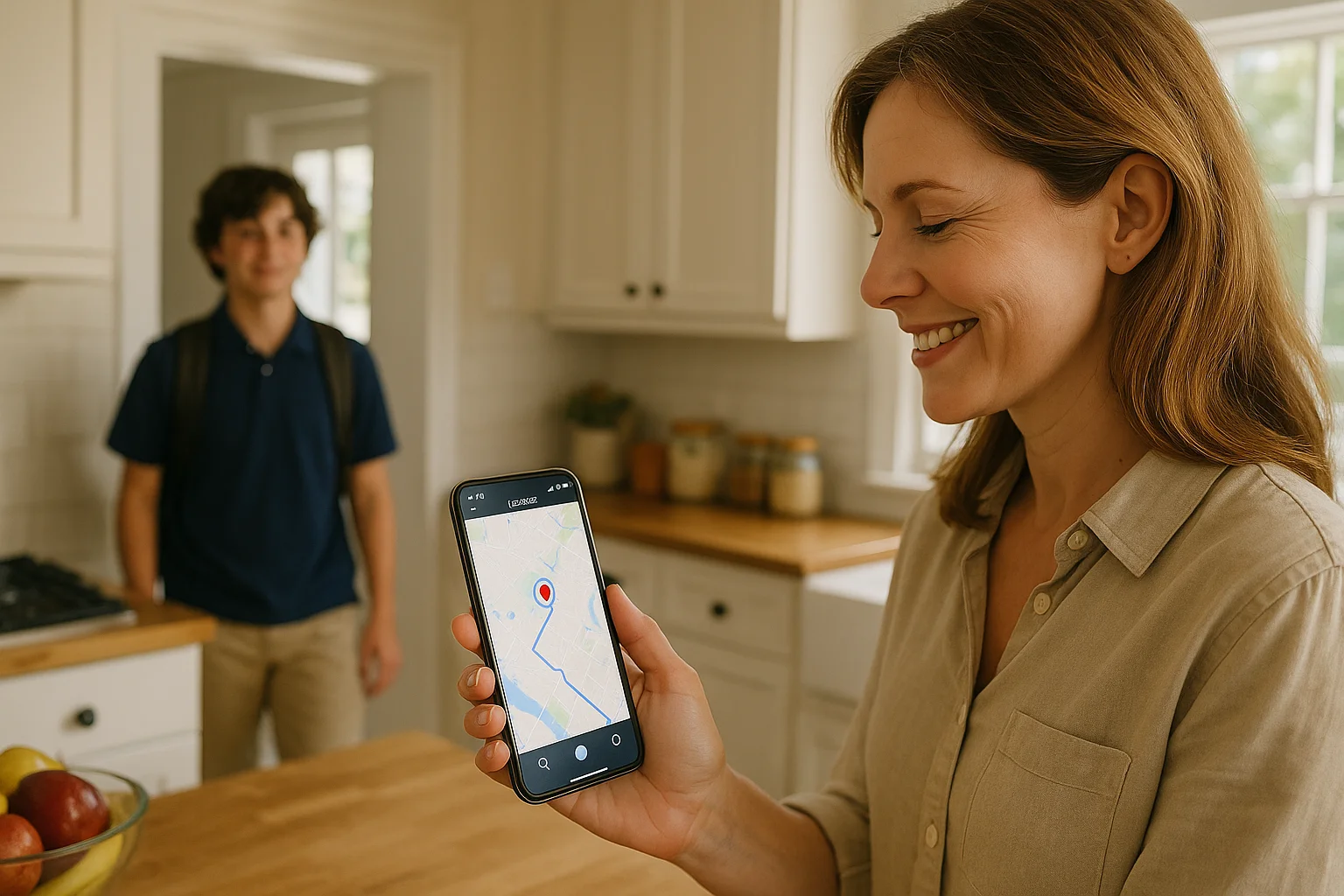 A smiling mother holds up her phone showing her child’s live location on a map just as her older child arrives home from school.