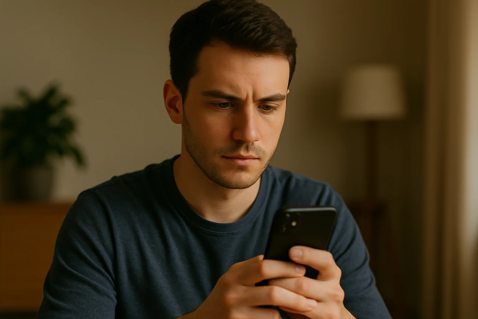A young man concentrates on his phone, carefully deciding which tracking app to trust.