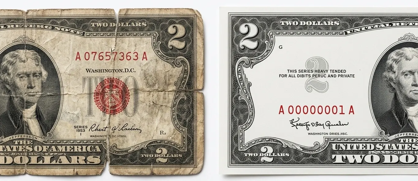 Close-up comparison of worn and clean 1953 $2 bills