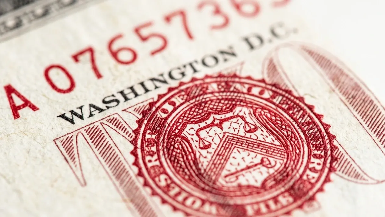 Extreme close-up of engraving lines on a 1953 $2 bill